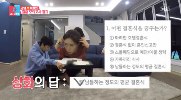 ▲결혼모의고사(결혼고사)를 치른 강남, 이상화 부부(사진=SBS '동상이몽2' 방송화면 캡처)