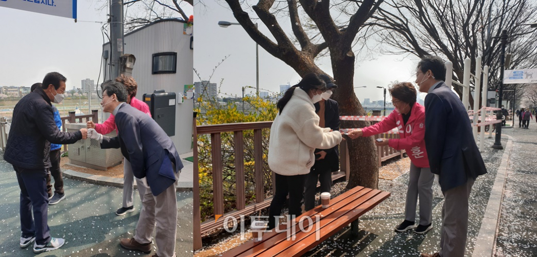 ▲제21대 국회의원선거에서 서울 동대문을에 출마하는 이혜훈 미래통합당 후보가 지원 유세에 나선 유승민 의원과 1일 서울 중랑천 뚝방길에서 지역주민들과 인사를 나누고 있다.  (사진=이꽃들 기자 flowerslee@)