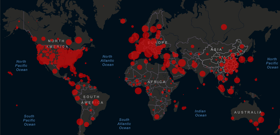 ▲신종 코로나바이러스 감염증(코로나19) 현황. 미 존스홉킨스대학 홈페이지 캡처.
