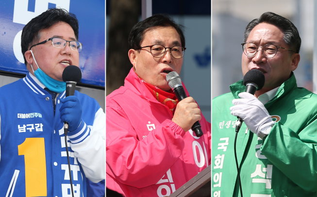 ▲4·15 총선 공식 선거운동 시작일인 2일 울산 남구 갑에 출마한 후보들이 각각 지지를 호소하고 있다. 왼쪽부터 더불어민주당 심규명, 미래통합당 이채익, 민생당 강석구 후보. (연합뉴스)