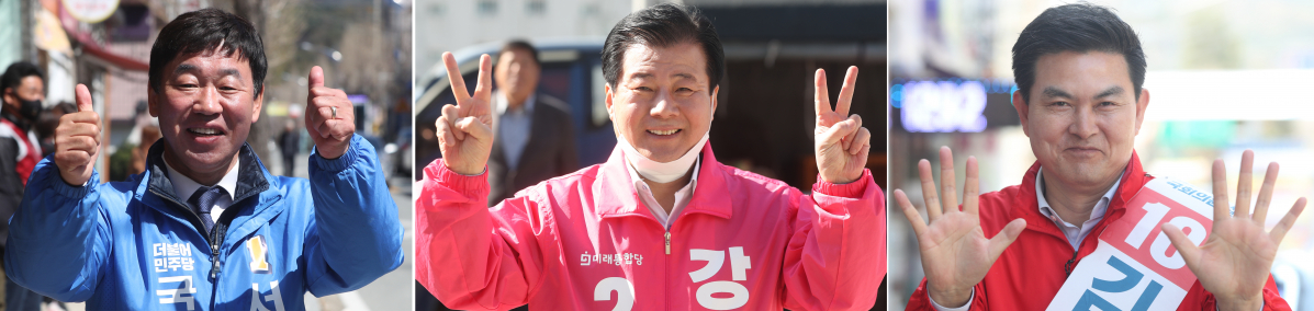 ▲산청·함양·거창·합천 선거구에 출마한 후보들이 5일 경남 합천군에서 지지를 호소하고 있다.    사진 왼쪽부터 더불어민주당 서필상 후보, 미래통합당 강석진 후보, 무소속 김태호 후보. (연합뉴스)
