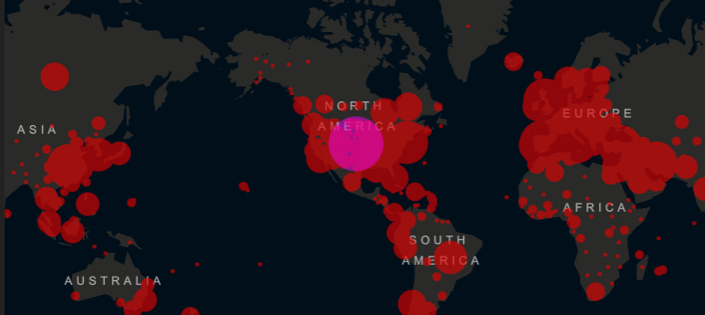 ▲신종 코로나바이러스 감염증(코로나19) 발병 현황. 미 존스홉킨스 대학 캡처.