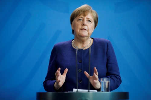 ▲앙겔라 메르켈 독일 총리가 6일(현지시간) 브리핑에서 코로나19 확산 방지 조치 관련 설명을 하고 있다.  (연합뉴스)