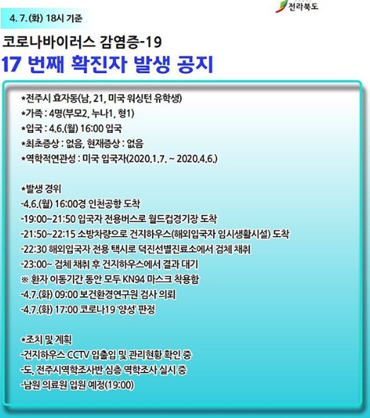 ▲전북도청이 코로나19 17번째 확진자의 동선을 공개했다.  (출처=전북도청SNS)