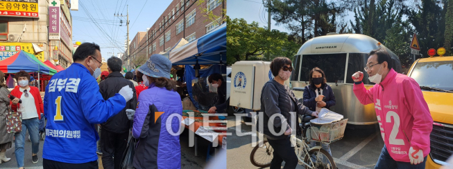 ▲9일 대구 수성갑 두 후보가 유권자를 만나 선거활동을 하고 있다. (좌) 김부겸 더불어민주당 후보 (우) 주호영 미래통합당 후보.  (대구=유혜림 기자 wiseforest@)