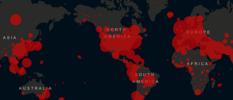 ▲전세계 코로나19 발병 현황. 출처 미 존스홉킨스대학