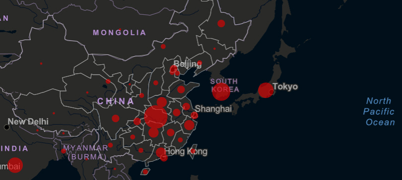 ▲코로나19 발병 현황. 출처 미 존스홉킨스대학
