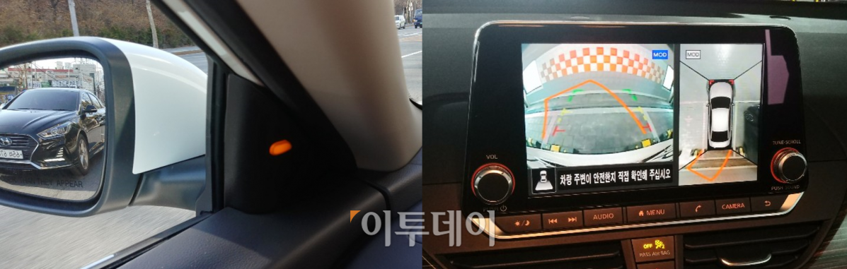 ▲양 측면에 차가 접근하면 점등으로 알려주는 장치가 사이드 미러가 아닌 실내에 있다(왼쪽). 모니터를 통해 차 위에서 내려다보는 듯한 360도 영상을 제공하는 '인텔리전트 어라운드 뷰 모니터'(오른쪽) (유창욱 기자 woogi@)