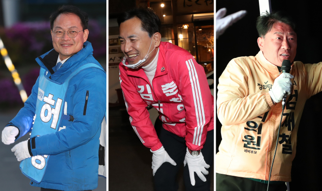 ▲제21대 국회의원선거 춘천·철원·화천·양구갑에 출마한 허영(왼쪽부터) 더불어민주당 후보, 김진태 미래통합당 후보, 엄재철 정의당 후보. (연합뉴스)
