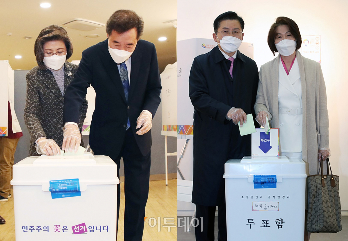 ▲제21대 국회의원선거 서울 종로에 출마한 이낙연 더불어민주당 공동상임선대위원장과 황교안 미래통합당 대표가 15일 오전 8시께 투표소에서 소중한 한 표를 행사하고 있다.  (신태현 기자 holjjak@, 고이란 기자 photoeran@)