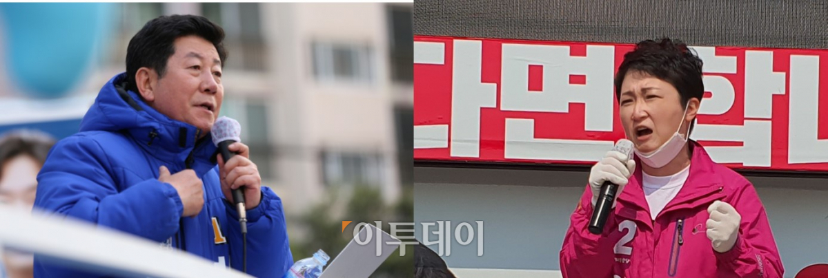 ▲부산 남구을 (좌)박재호 더불어민주당 후보ㆍ(우) 이언주 미래통합당 후보가 유권자에게 지지를 호소하고 있다. (박재호 캠프, 유혜림 기자 wiseforest@)