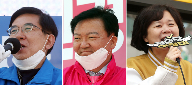 ▲제21대 국회의원선거에서 인천 연수을에 출마한 정일영(왼쪽부터) 더불어민주당 후보, 민경욱 미래통합당 후보, 이정미 정의당 후보. (연합뉴스)