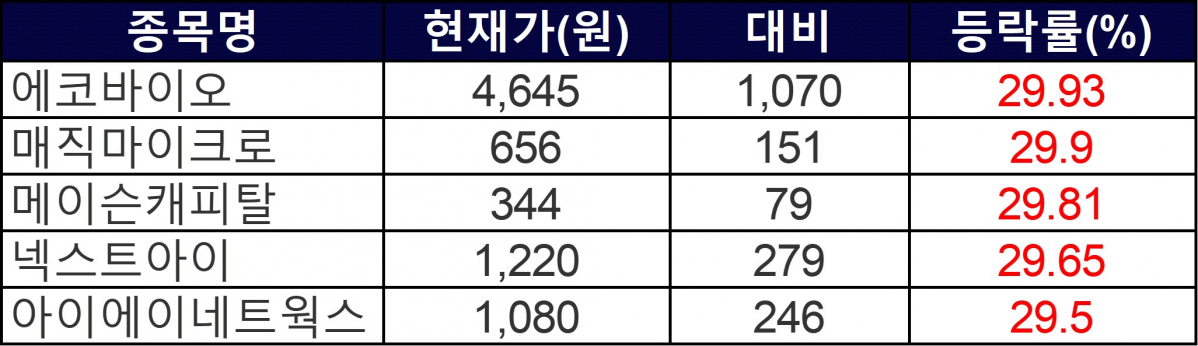 ▲17일 상한가 종목들. (자료=한국거래소)