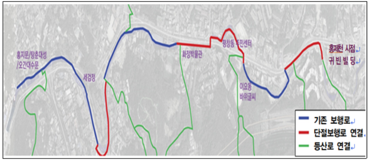 ▲홍제락길 개념도(홍제천 시점~홍지문 약 3km 구간)  
-홍제천 시점(귀빈빌딩)~평창동 주민센터~세검정~홍지문 (출처=서울시)