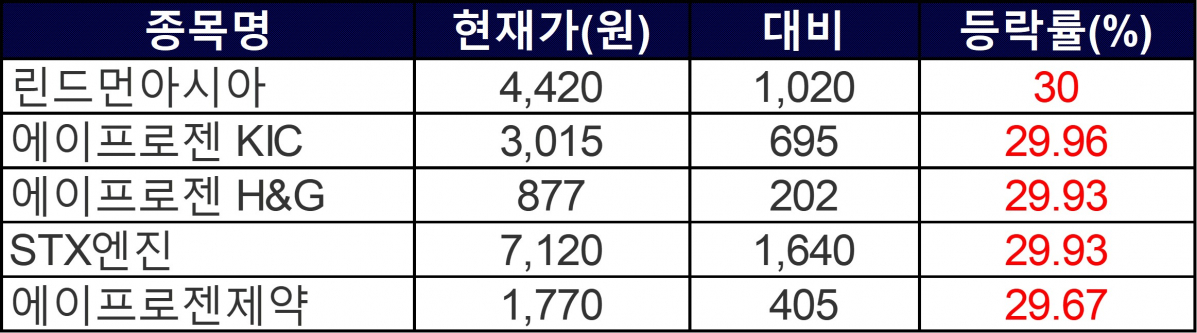 ▲24일 상한가 종목들. (자료=한국거래소)