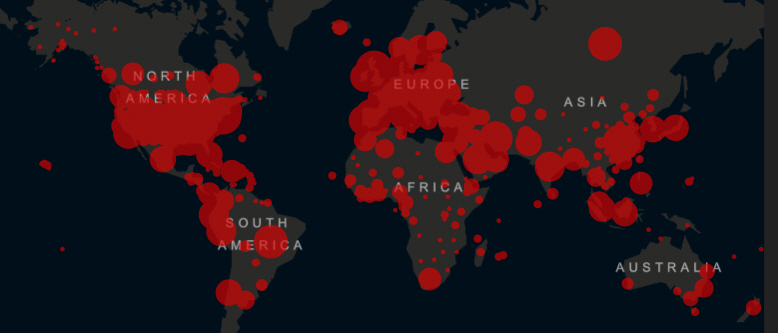 ▲전 세계 신종 코로나바이러스 감염증(코로나19) 발병 현황. 출처 존스홉킨스대학