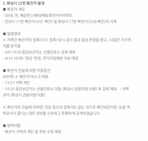 ▲화성시 코로나 확진자 동선 공개 (출처=화성시청 홈페이지)