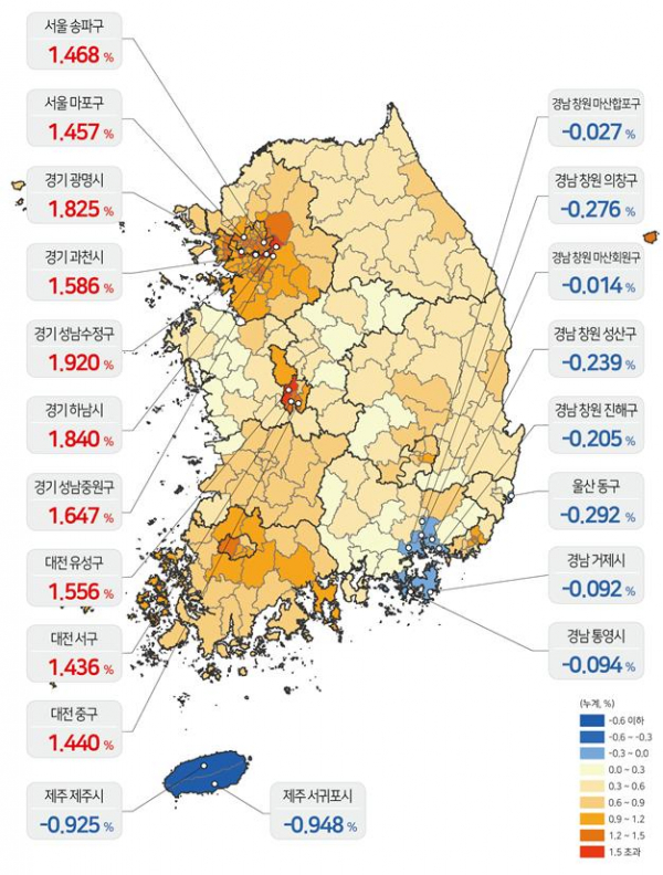 ▲1분기 지역별 지가변동률 색인도. (제공=국토교통부)