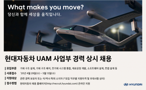 ▲현대차는 국내 최초로 UAM 기술 개발을 위한 인재를 채용한다.  (출처=현대차)
