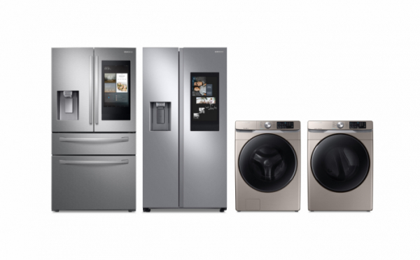 ▲좌측부터 삼성전자 프렌치도어 냉장고(RF28R7551SR), 양문형 냉장고 (RS27T5561SR), 세탁기(WF45R6100AC), 건조기(DVE45R6100C) (사진제공=삼성전자)