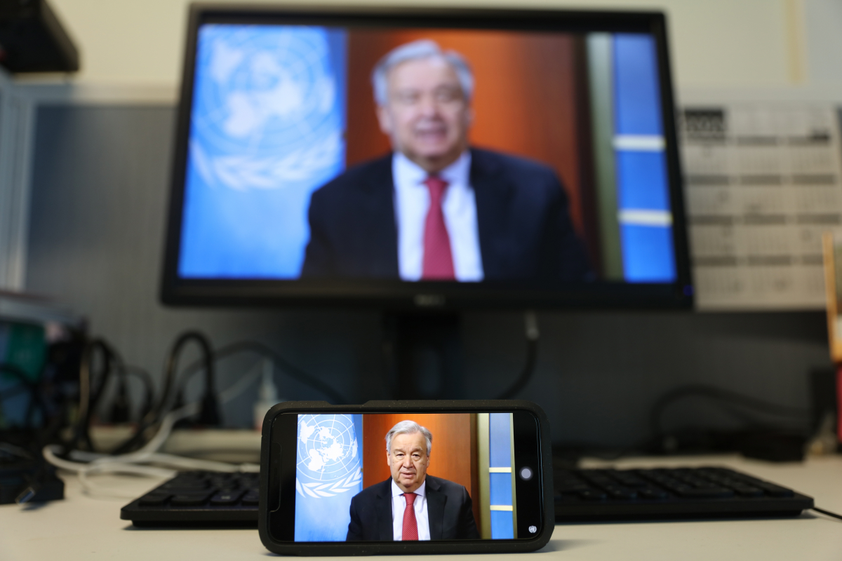 ▲안토니우 구테흐스 유엔(UN) 사무총장이 화상 기자회견을 하는 모습 (뉴시스)