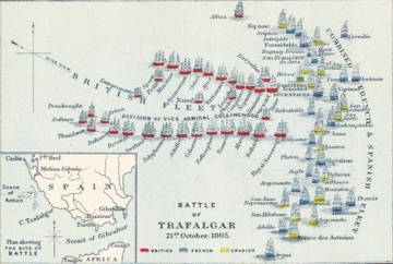▲트라팔가 해전의 상황도. 붉은 배가 영국군, 파란 배는 프랑스군, 노란 배는 스페인군이다. 영국 해군의 2열로 열을 지어 적진을 향해 돌격하는 붉은 배 중 앞쪽 선두에 선 배가 바로 넬슨 제독의 기함(HMS Victory)이다.
