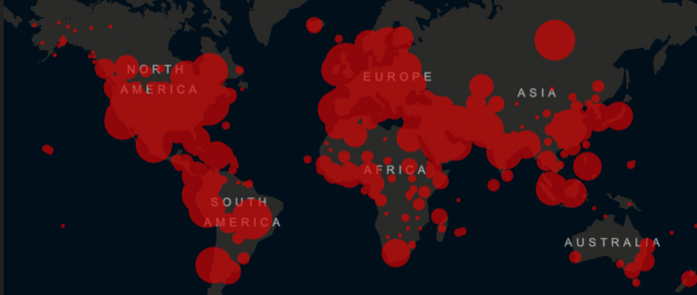 ▲전 세계 신종 코로나바이러스 감염증(코로나19) 발병 현황. 출처 미 존스홉킨스대학