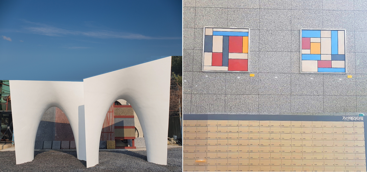 ▲UHPC를 활용한 비정형 건축 구조물(왼쪽)과 삼표 기술연구소가 지난달 설치한 포인트 액자형 UHPC 패널 (사진제공=삼표)