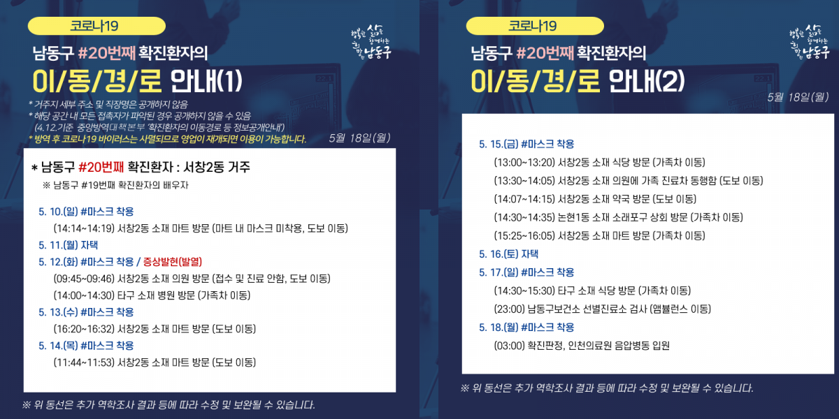 ▲남동구 20번째 확진자 동선 (출처=인천 남동구청 페이스북)