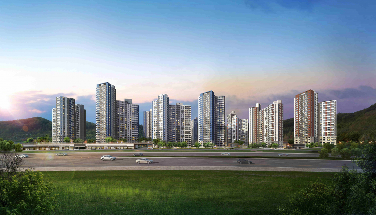 ▲대우산업개발이 경상남도 김해시 삼문동 일대에 분양하는 ‘이안 센트럴포레 장유’ 투시도.