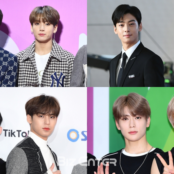▲'이태원 아이돌'로 지목된 방탄소년단 정국(왼쪽 상단부터 시계방향), 아스트로 차은우, NCT 재현, 세븐틴 민규(비즈엔터DB)
