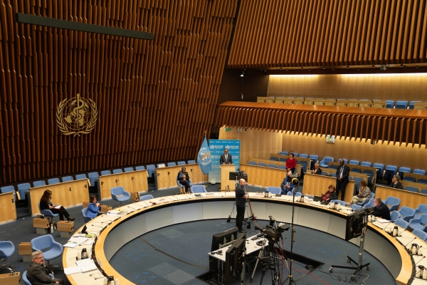 ▲스위스 제네바의 세계보건기구(WHO) 본부에서 19일(현지시간) 세계보건총회(WHO) 제73차 회의가 열리고 있다. 코로나19에 각국 대표들은 화상으로 회의에 참가했다. 제네바/신화뉴시스