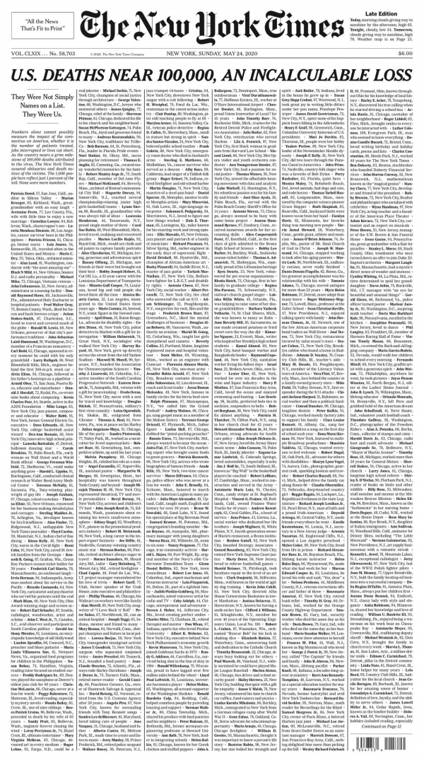 ▲뉴욕타임스(NYT)의 코로나19 사망자 부고로 가득 채워진 24일자 신문 1면. 출처 뉴욕타임스(NYT) 트위터
