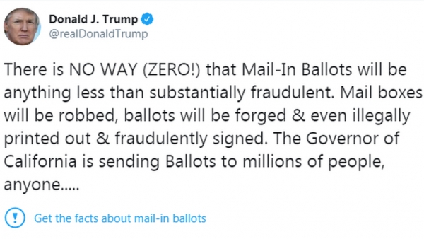 ▲트럼프 대통령의 트윗 아래에 파란색으로 “우편투표 용지에 대한 사실을 알아내라”는 트위터의 경고 문구가 달려 있다. 출처:트럼프 트위터
