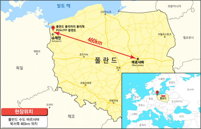 ▲현대엔지니어링 '폴란드 폴리머리 PDH-PP 플랜트 현장' 위치도. (현대엔지니어링)