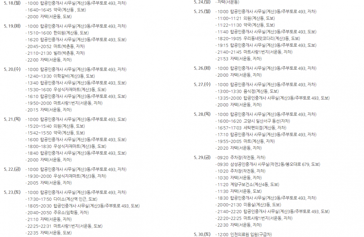 ▲계양구 37번째 확진자 동선 (출처=계양구청 홈페이지)