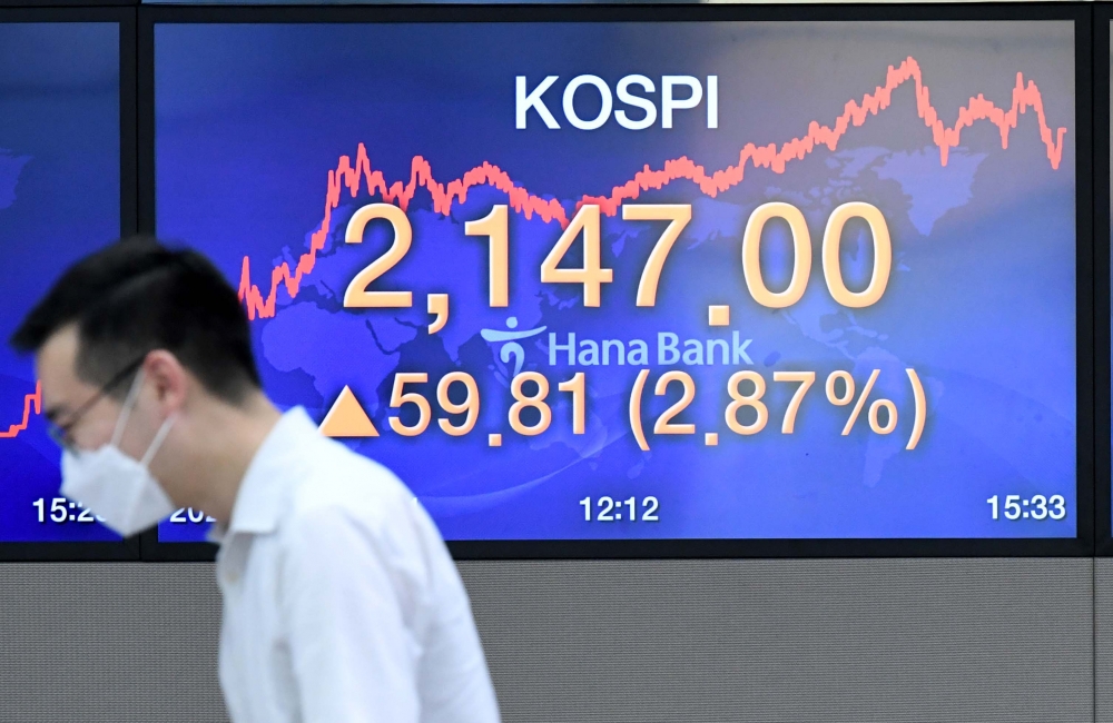 ▲코스피가 기관과 외국인의 매수세에 2140선을 회복했다. 3일 서울 중구 하나은행 딜링룸 전광판에 코스피가 전 거래일보다 59.81포인트(2.87%)오른 2147.00을 가리키고 있다. 신태현 기자 holjjak@ (이투데이DB)