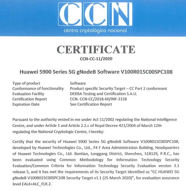▲화웨이 5G 기지국 장비의 CC인증 획득 자료. (화웨이 제공)