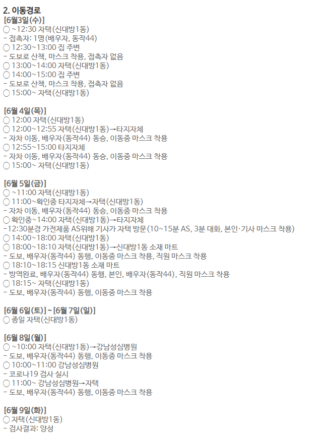 ▲동작구 코로나19 43번째 확진자 동선. (출처=동작구청 홈페이지)