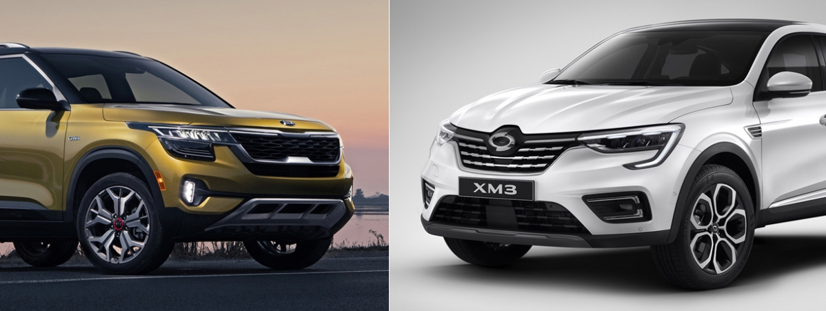 ▲신차용 타이어로 금호타이어 솔루스 TA시리즈를 장착 중인 기아차 셀토스(왼쪽)과 르노삼성 XM3.   (사진제공=금호타이어)