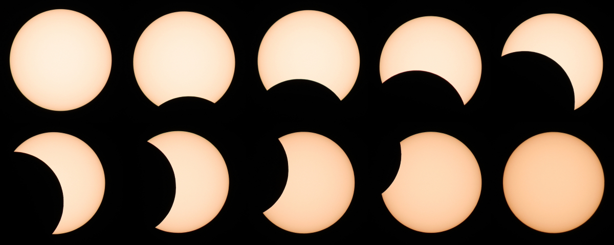 ▲21일 인천시 영종도에서 바라본 부분일식 모습. 이번 일식은 이날 오후 3시 53분(서울 기준)부터 시작돼 오후 5시 2분 최대 면적을 가린 뒤 6시 4분에 끝났다. 국내에서 볼 수 있는 다음 부분일식은 10년 뒤인 2030년 6월 1일이다. 사진은 이날 오후 3시 52분부터 12분 간격으로 촬영한 사진을 한장으로 레이어를 합성하였다. (연합뉴스)