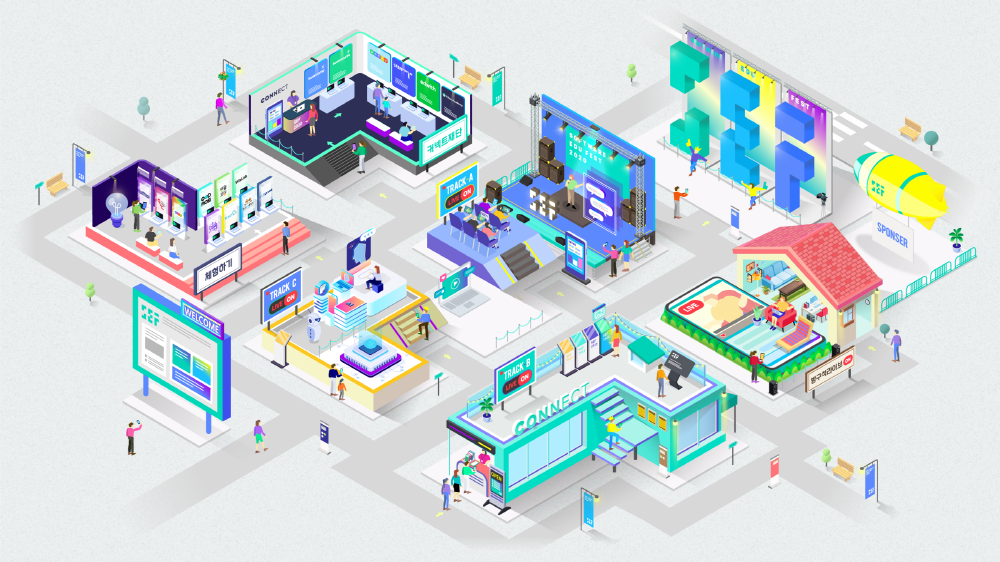 ▲온라인으로 진행되는 SEF2020의 전경. 참가자들은 각 부스를 자유롭게 돌아다니듯이 클릭하며 프로그램에 참여할 수 있다. (사진제공=네이버)