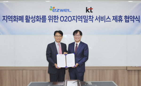▲권오흠 이지웰 사장(사진 왼쪽)과 김준근 KT 인큐베이션단장(전무). (KT 제공)