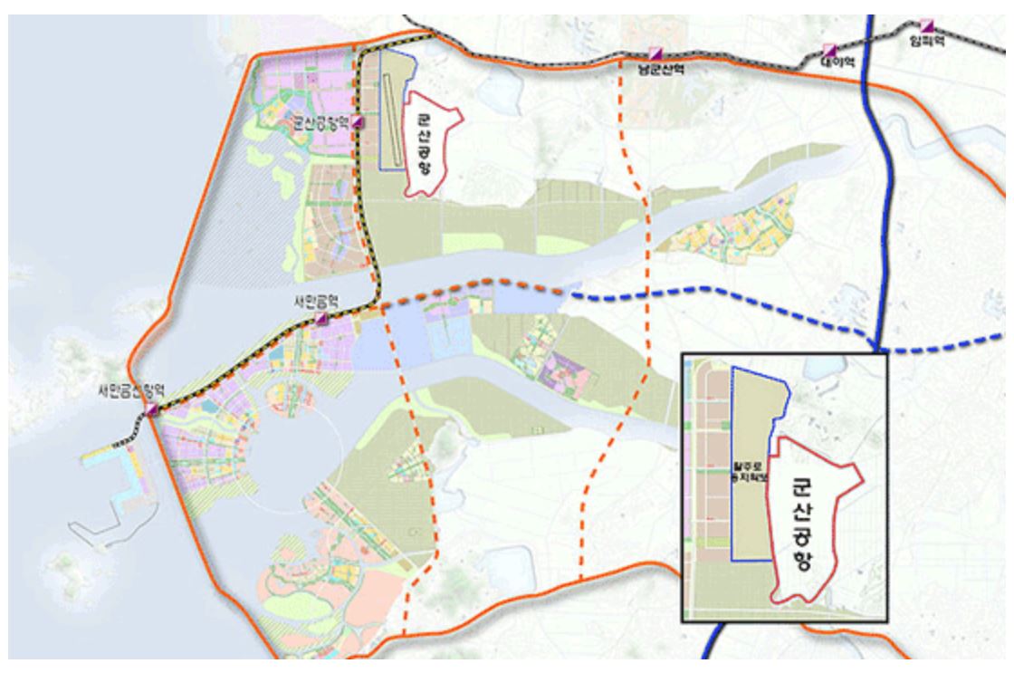 ▲새만금 신공항 예정지는 현 군산공항(미 공군) 서쪽으로 1.3km 떨어져 있다. (출처=새만금개발청)