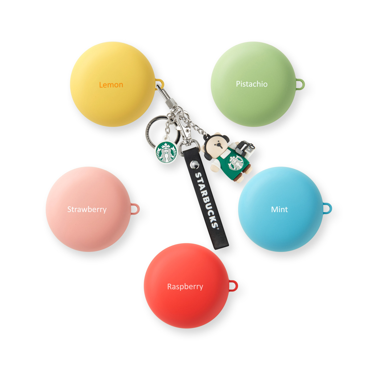 ▲프리미엄 무선 이어폰 '톤 프리' 신제품(모델명: HBS-TFN6) 예약 구입 고객에게 제공하는 마카롱 콘텝트 액세서리 케이스와 스타벅스 키링 이미지 (사진제공=LG전자)