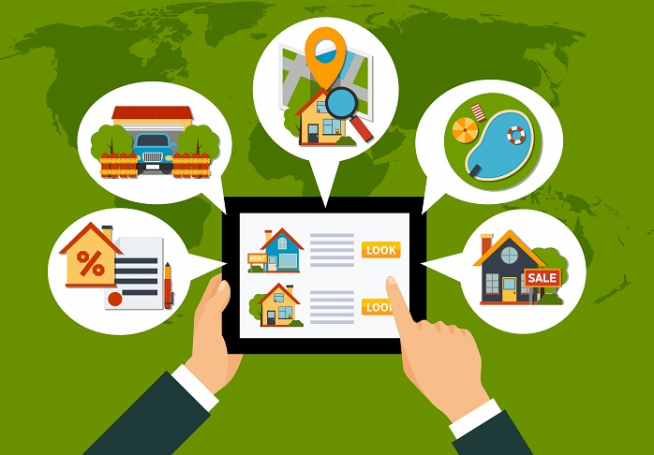 ▲Flat design real estate online selection concept on green background with world map vector illustration (게티이미지)