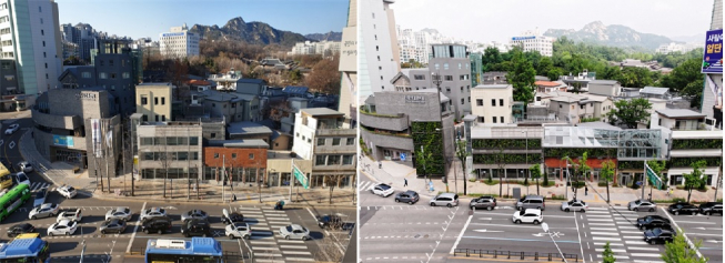 ▲수직정원 전경 - 공사전(좌), 공사후(우) (사진 = 서울시)
