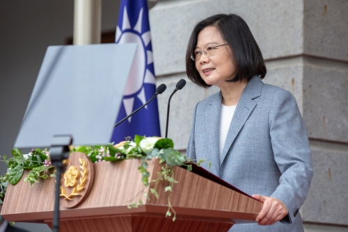 ▲차이잉원 대만 총통이 5월 20일(현지시간) 타이베이에서 열린 2기 취임식에서 연설하고 있다. 타이베이/AP뉴시스
