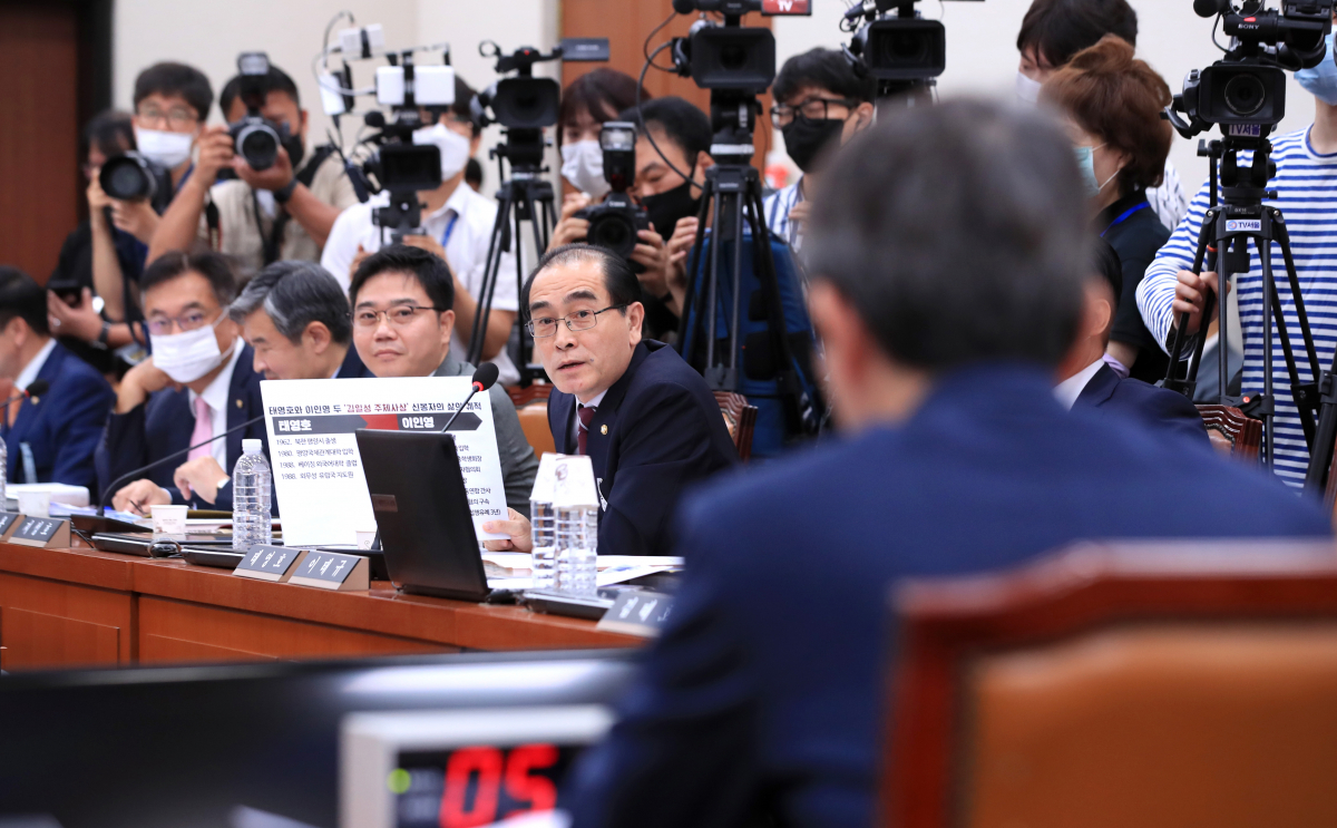 ▲23일 오전 서울 여의도 국회 외교통일위원회 인사청문회에서 미래통합당 태영호 의원이 이인영 통일부 장관 후보자에게 질의하고 있다. (연합뉴스)