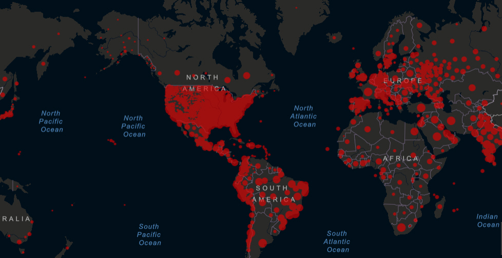 ▲코로나19 발병 현황. 출처 미 존스홉킨스대학
